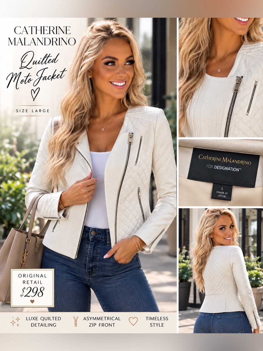 Catherine Malandrino Cream Quilted Moto Jacket